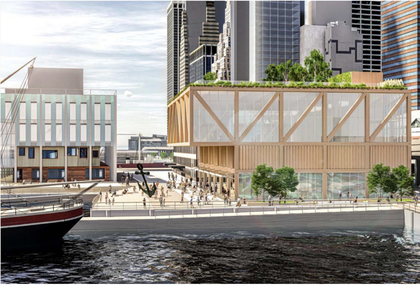 Rendering of a 2020 concept for commercial, community and events uses on the New Market Building site. The proposal was part of a package of potential community enhancements suggested by Howard Hughes Corp. in exchange for permission to develop a bigger building at 250 Water Street than zoning allowed. Rendering: Skidmore, Owings & Merrill